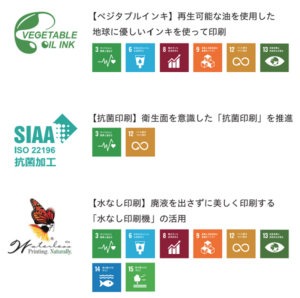 SDGs関連する項目一覧（ベジタブルインキ、SIAA、バタフライマーク）